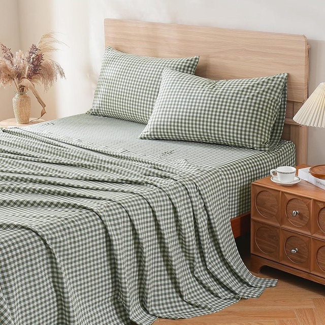 TOCOMOA Green Brown Gingham Sheets Bedding Set 100% Washed Cotton Like Linen Feel Breathable Soft Comfy 4-Piece Plaid Checkered Bed Sheet Set with 17" Deep Pocket Cute Aesthetic, King