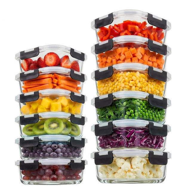 Konokyo Square Glass Food Storage Containers with Lids, 12 Pack Airtight Leakproof Meal Prep Containers, BPA-Free, Microwave Oven Freezer & Dishwasher Safe, Assorted Sizes