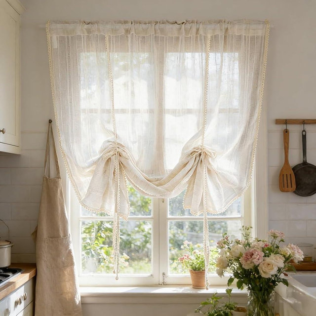 Beige Crochet Linen Striped Tie Up Sheer Curtain Valance for Kitchen Dining Room Liftable Tulle Tier Curtain Adjustable Light Filtering Sheer Valance with Lace Trim Rod Pocket (Beige,W39 L39 inch)