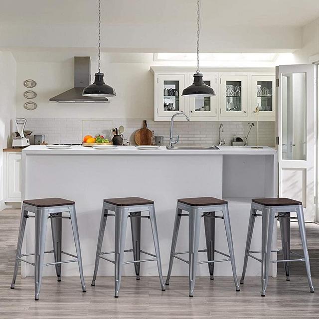 Andeworld Bar Stools Set of 4 Stackable Metal Bar Stools Industrial Counter Height Stools Backless Barstools with Wooden Seats (24 inch, Silver with Wooden Seats)
