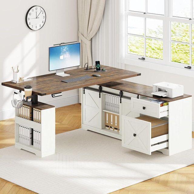 63" Farmhouse Electric Standing Desk Adjustable Height Sit Stand Corner Stand Desks, L Shaped Standing Computer Desk with Power Outlets & Storage Drawers & Sliding Door for Home Office, White