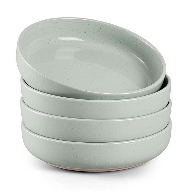 HaWare Pasta Bowls Set of 4, 33oz Large Salad Bowls for Home Kitchen, Ceramic Serving Plates for Soup, Cereal, Wide and Shallow Dinner Bowl, Microwave & Dishwasher Safe, Asparagus Green