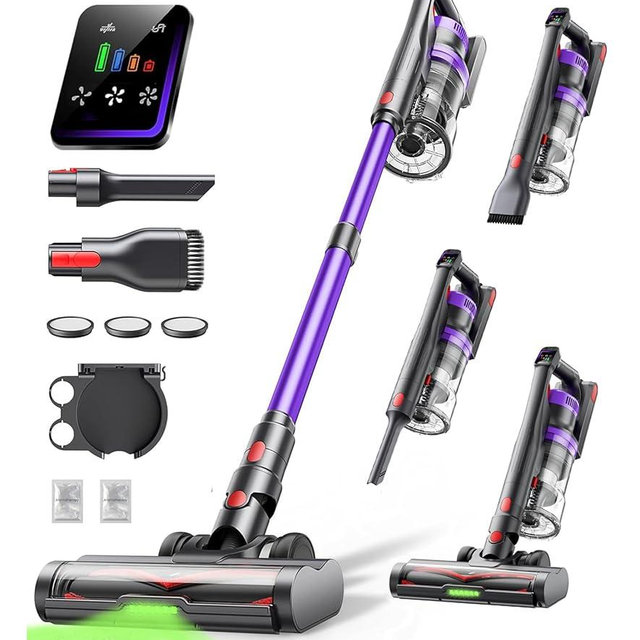 Cordless Vacuum Cleaner, 50KPa 600W Powerful Stick Vacuum for Home, 65Mins Runtime, 1.8L XL Dust Cup One-Touch Empty, Green LED Anti-Tangle Brush & Fragrance, for Pet Hair Carpet Hard Floor
