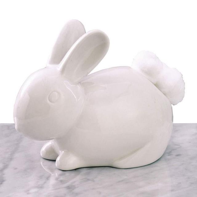 Bits and Pieces - Ceramic Bathroom Bunny Cotton Ball Holder - Cotton Tail White Rabbit Ceramic Cotton Ball Dispenser - Bathroom Novelty and Décor