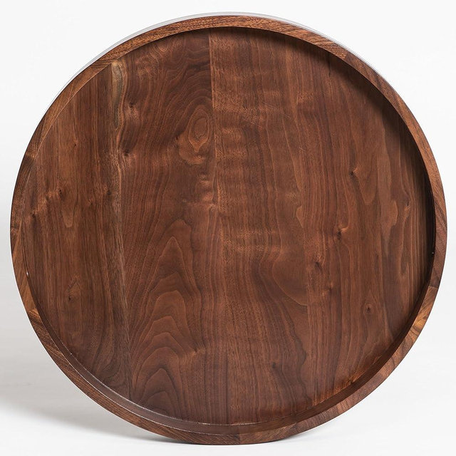 KINGCRAFT 22 x 22 inches Round Ottoman Table Tray, Wooden Solid Black Walnut Circle Platter Decorative Serving Tray with Handle for Oversized Ottoman Home Breakfast in Bed Tea Coffee