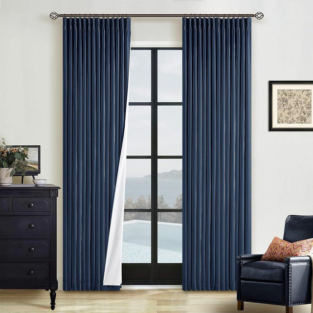 Navy Pinch Pleated 100% Blackout Linen Curtains for Bedroom 84 Inch Length Room Darkening with Liner Dark Blue Window Curtains 84 Inches Long for Living Room Black Out Pleat Drapes Back Tab