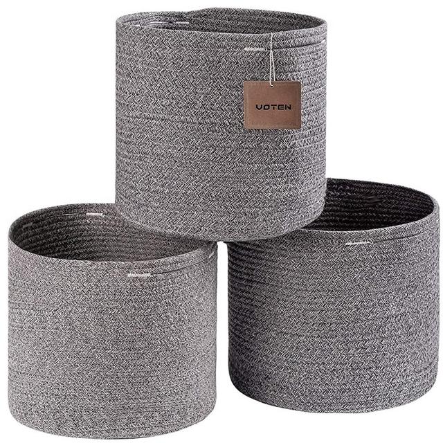 VOTEN Cotton Rope Storage Baskets Bins 3 Pack Storage Cube Organizer Foldable Decorative Woven Basket with Handles for Clothes,Toys,Laundry,Books,Towels,Nursery(Round,11x11x11,Grey)