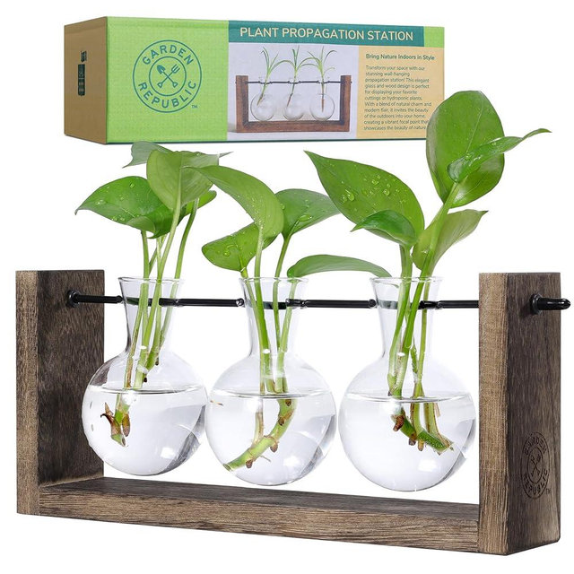 Garden Republic Plant Propagation Station, Wooden Stand with Propagation Tubes, Hanging Plant Glass Tubes Station, Elegant Home Decor, Easy Water Changes, Bamboo Color