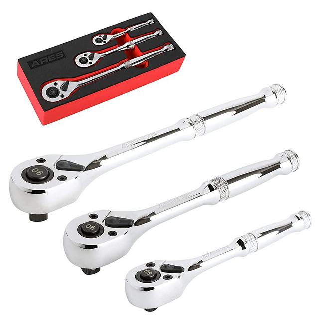 ARES 42048 - 3-Piece 90 Tooth Ratchet Set - Premium Chrome Vanadium Steel Construction & Mirror Polish Finish - Quick Release for Easy Socket Change - 90-Tooth Reversible Design with 4 Degree Swing