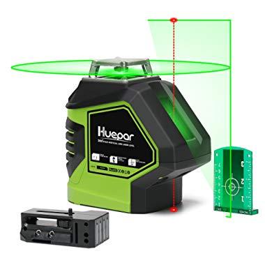 Huepar Self-Leveling Green Laser Level 360 Cross Line with 2 Plumb Dots Laser Tool -360-Degree Horizontal Line Plus Large Fan Angle of Vertical Beam with Up & Down Points -Magnetic Pivoting Base 621CG