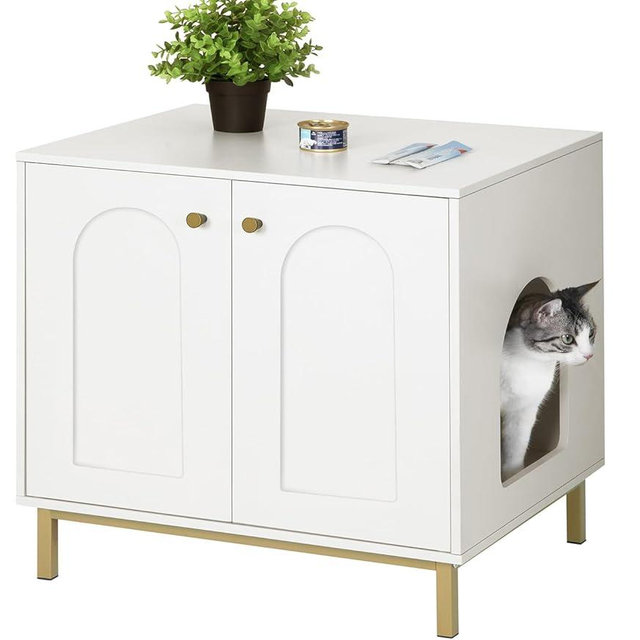 Hzuaneri Cat Litter Box Enclosure, Hidden Litter Box Furniture, Wooden Pet House Side End Table, Storage Cabinet Bench, Fit Most Cat and Litter Box, Living Room, Bedroom, White and Gold CB81203G