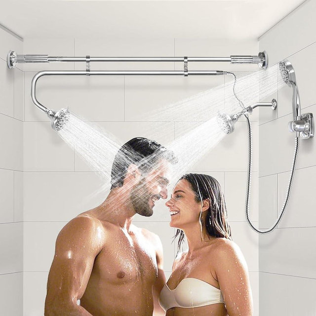 OURBAOFU Tandem Shower, Dual Shower Heads for Couples & Handheld head, Triple Shower Head System for Two People, High Pressure and Adjustable Double Shower Heads and Handheld Shower Head（Silver)