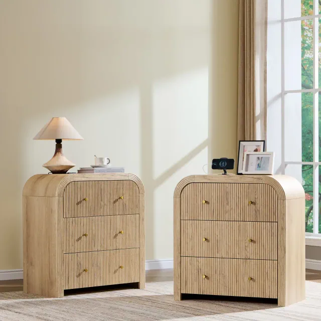 Nightstand with Charging Station Set of 2, Fluted 3-Drawer End Table, Large Storage Bedside Table for Bedroom Living Room, Natural Oak