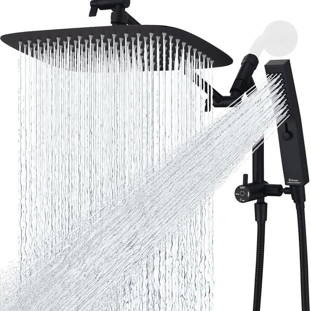 G-Promise All Metal 12 Inch Shower Head with Massage Mode Handheld, Rain Shower Head with Handheld Spray Combo, 3-Way Diverter with Pause Setting, 11 Inch Adjustable Extension Arm (Matte Black)