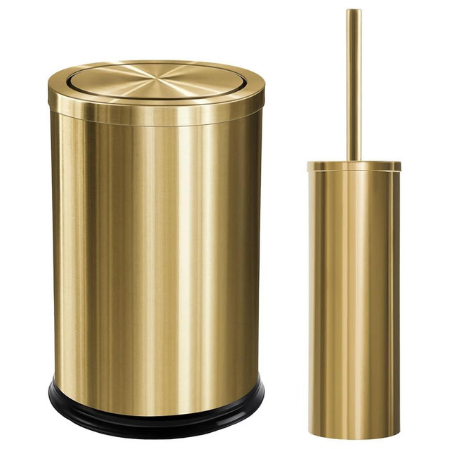 Maxdot 2 Pcs Gold Bathroom Trash Can with Flipping Lid 2.4 Gallon/9 L and Toilet Brush Set, Small Stainless Steel Garbage Trash Can Toilet Cleaner Brush Wastebasket Bin for Bathroom Bedroom Officeot