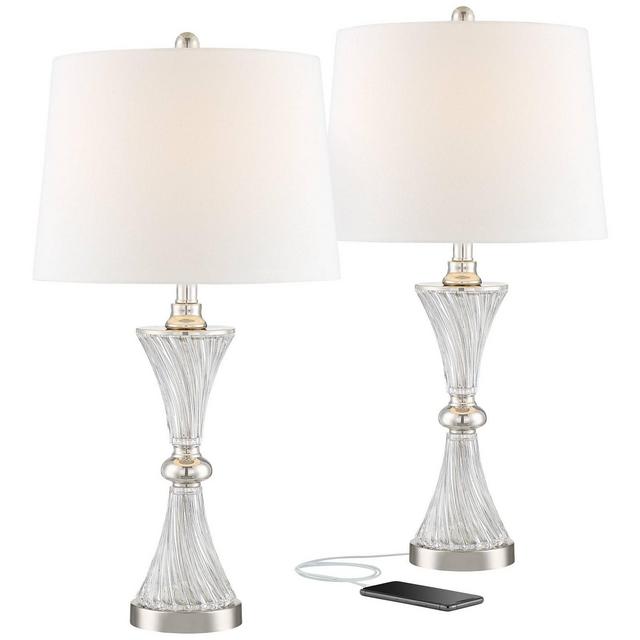 Regency Hill Luca Modern Table Lamps 25.5" High Set of 2 with USB Charging Port Glass Chrome Silver Metal White Fabric Drum Shade for Living Room Bedroom House Bedside Nightstand Home