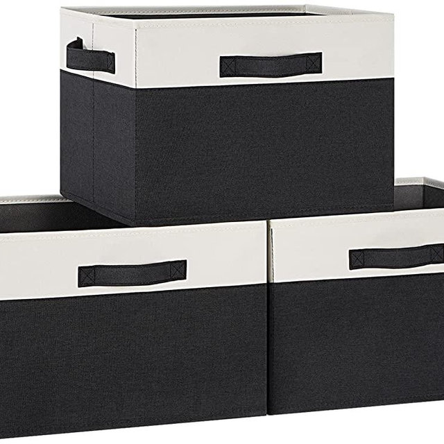 GhvyenntteS Fabric Bins Large Storage Baskets for Shelves with 3 Handles, Sturdy Foldable Fabric Storage Bins for Closet Bedroom Living Room Office (Black, 15" x 11" x 9.6", Set of 3 )