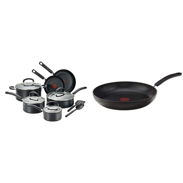 T-fal C561SC Cookware Set, 12-Piece, Black & C5610764 Titanium Advanced Nonstick Thermo-Spot Heat Indicator Dishwasher Safe Cookware Fry Pan, 12-Inch, Black