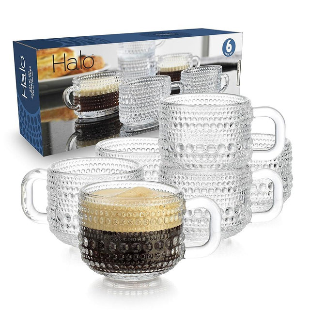 Glaver's Espresso Cups, Set of 6 Shot Glasses 3.38 oz Coffee Espresso Mugs, Insulated Clear Thick Glass with Handle - Hobnail Embossed Mini Mugs Demitasse Cup Dishwasher Safe
