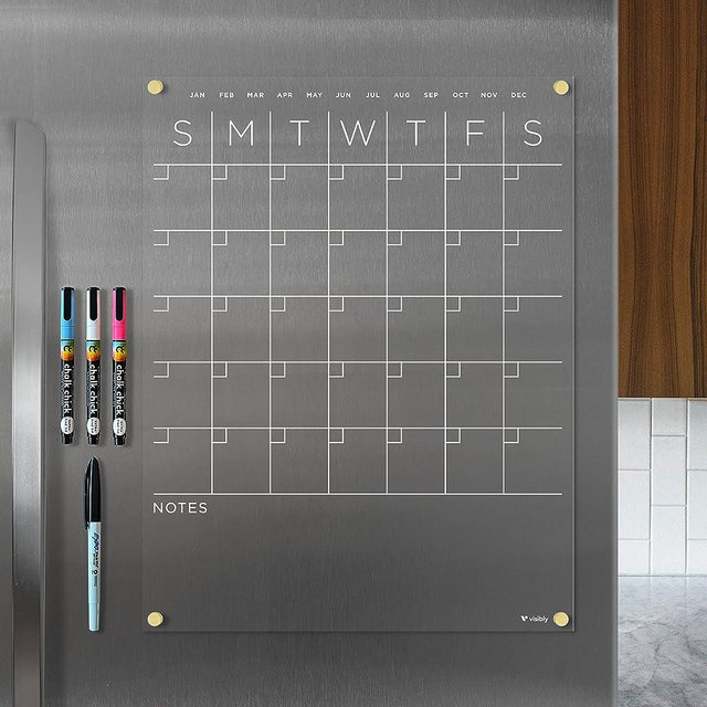 Magnetic Acrylic Month/Notes Calendar for Fridge, Includes 4 Magnetic Wet-Erase Markers for Refrigerator, 14" X 18"