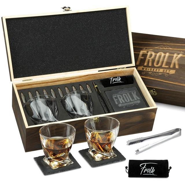 Whiskey Stones Gift Set for Men - 10 Chilling Stainless-Steel Whiskey Rocks - 11oz 2 Large Twisted Whiskey Glasses, Slate Coasters, Tongs - Premium Set in Pine Wood Box