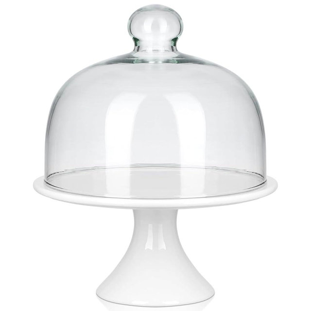 ERINGOGO Cake Stand 8 inch Ceramic Cake Stand, Footed Cake Plate with Glass Dome, Dessert Serving Platter Cheese Board, Wedding Server Tray for Pastries, Doughnuts, Muffin Wedding Decor