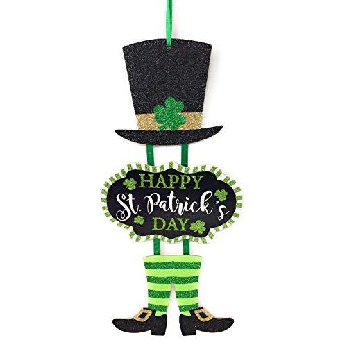 Glittery "Happy St. Patrick's Day" Themed Hanging Welcome Sign with Leprechaun Top Hat and Feet