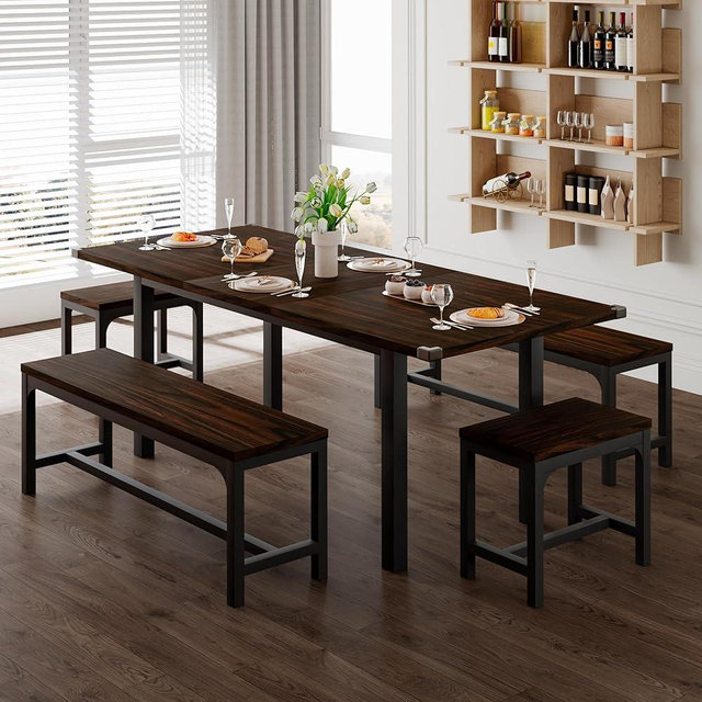 Feonase 5-Piece Dining Table Set for 4-8 People, 63" Extendable Kitchen Table Set with 2 Benches and 2 Square Stools, Dining Room Table with MDF Wood Board, Easy Clean, Dark Brown