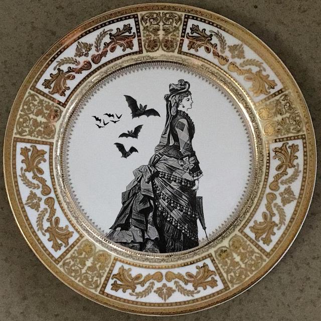 Gold Victorian Bat Lady Plate, 2 sizes and Cup/Saucer Available. Halloween Costume Plate