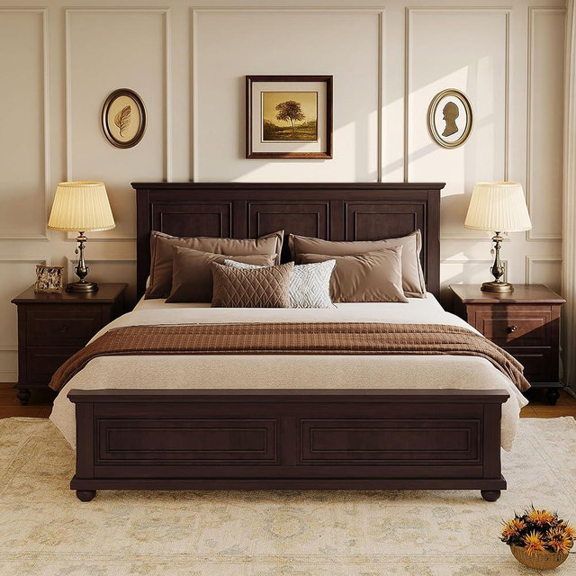 LUMISOL Mid Century Wood Platform Bed Frame, Solid Wood King Bed Frame with Headboard, Footboard & Wooden Slats Support, No Box Spring Needed, Rich Brown