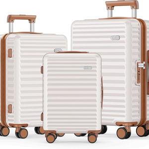 SHOWKOO Luggage Sets 3 Piece Hardside Expandable Suitcase with Double Spinner Wheels Tsa Lock Beige White (20in/24in/28)