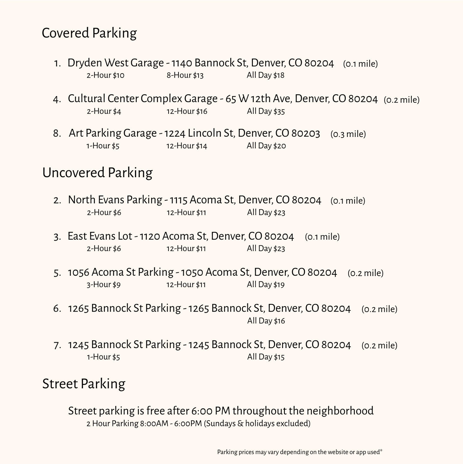 Detailed information on each parking option.