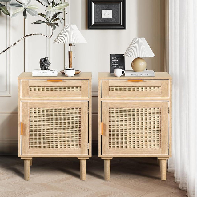 STHOUYN Small Bedroom Nightstand Set of 2 with Drawers, Rattan Boho Wood Nightstand Side Table with Storage, Bedside Tables Set of 2 (Natural)
