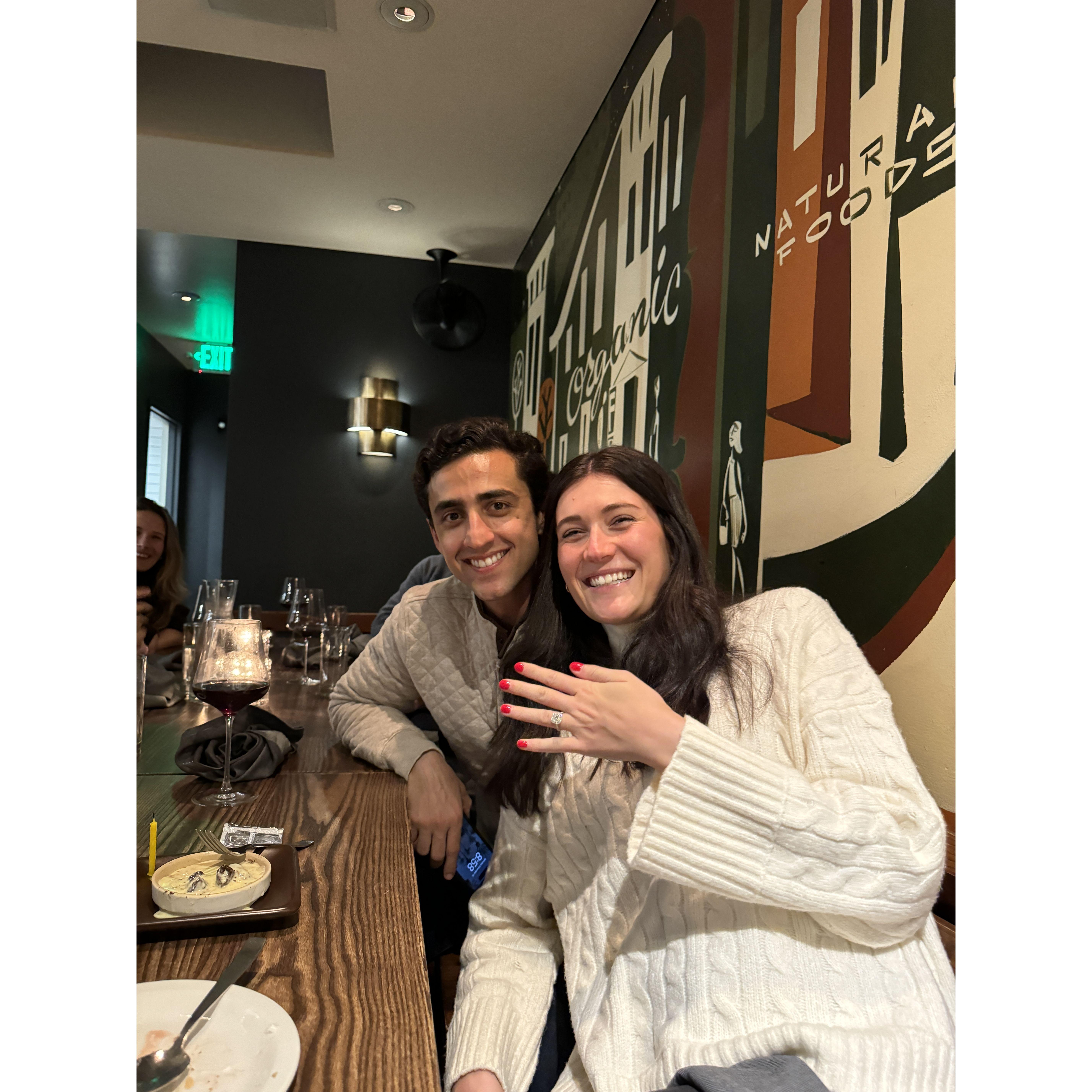 Engagement dinner with lots of friends in SF after Udai popped the question! December 2023