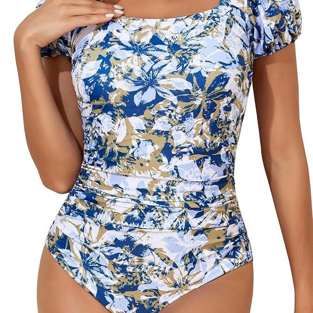 Smismivo Modest Swimsuits for Women Puff Sleeve Full Coverage One Piece Bathing Suit High Neck Tummy Control Swimwear