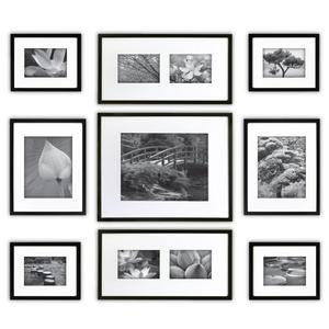 Gallery Perfect 9 Piece Black Wood Photo Frame Wall Gallery Kit. Includes: Frames, Hanging Wall Template, Decorative Art Prints and Hanging Hardware