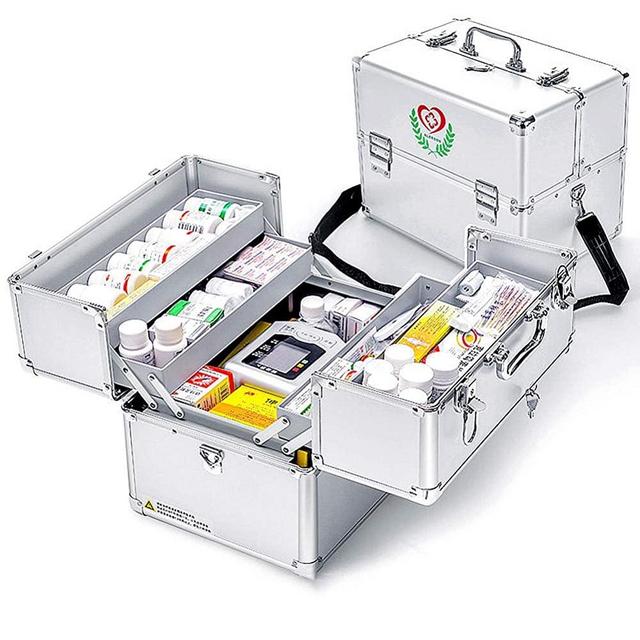 Nurth First Aid Kit Lockable First Aid Box Security Lock Medicine Storage Box with Portable Handle,Medication Lock Box 3 Tier Design/Precription Storage Box Large Space 11.8 × 8.5 × 9.4inch (Silver)