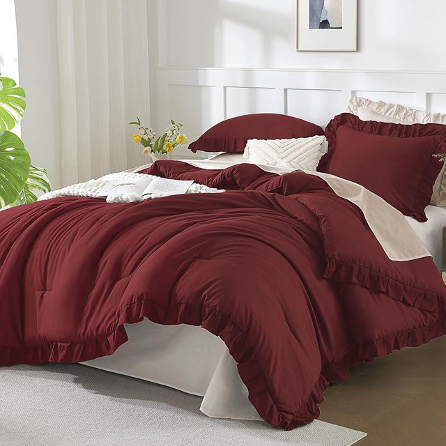 Andency Burgundy California King Comforter Set, 3 Pieces Cal King Ruffle Farmhouse Shabby Chic Comforter, Oversized All Season Lightweight Soft Polyester Bedding Comforter (104x96Inch)