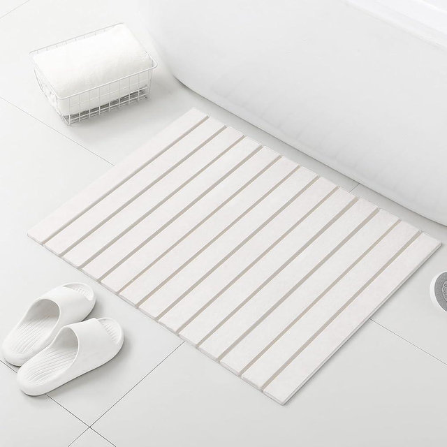 Large Stone Bath Mat, 30.2 x 23.5 Non-Slip Diatomaceous Earth Bath Mat, Ultra-Absorbent Quick-Drying Stone Drying Mat for Kitchen Bathroom Pet Bowl, Rollable & Foldable Stone Bath Mat, White XL