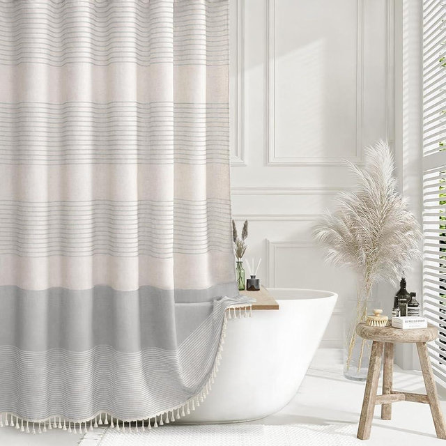XOGUIBO Grey Shower Curtain Farmhouse Linen Striped Shower Curtains for Bathroom with Tassel 60 X 72