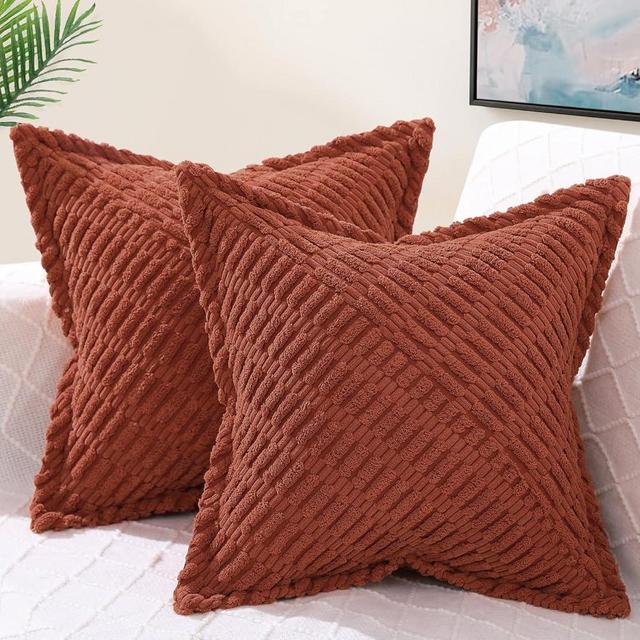 decorUhome Decorative Rust Fall Throw Pillow Covers 18x18 Set of 2 with Splicing, Boho Soft Neutral Corduroy Broadside Twill Pillow Covers for Couch Bed Sofa Living Room