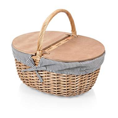 Picnic Time Country Picnic Basket with Liner, Grey/White Stripe