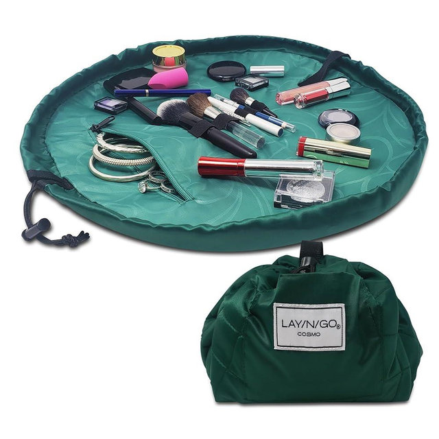 Lay-n-Go Cosmo Drawstring Cosmetic & Makeup Bag Organizer - Portable Drawstring Makeup Bag w/Zipper Pocket, Makeup Loops & More - Durable, Machine Washable Toiletry Bag for Travel (20", Evergreen)