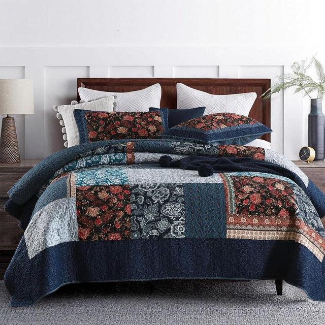 Yvooxny 3-Piece Quilt Sets Queen Size Quilted Bedspread Real Patchwork Coverlet Set Bedding Set with Pillowcases for All Seasons, Dark Blue Rose, 98x90 Inch