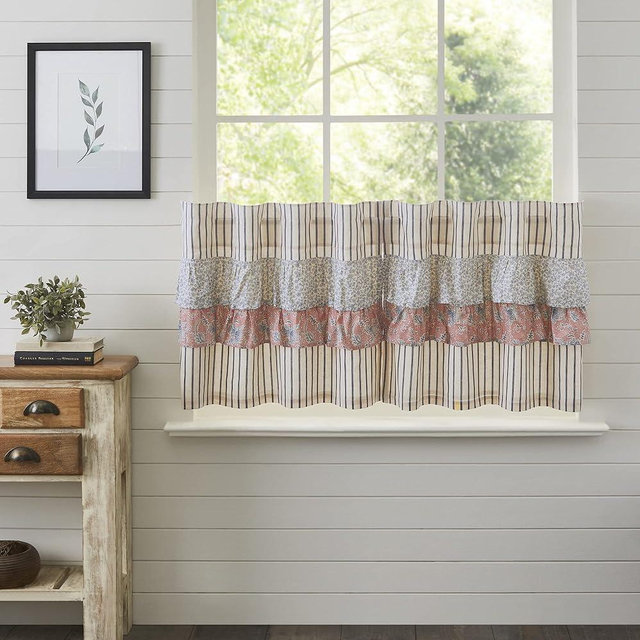 VHC Brands Kaila Country Cottage Ruffled Blue Ticking Stripe Kitchen Curtain Tier Set L24xW36