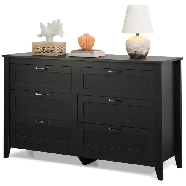 6-Drawer Double Wood Dresser - Large Storage Cabinet with Metal Handles, 53.9"W x 32.3"H, Black