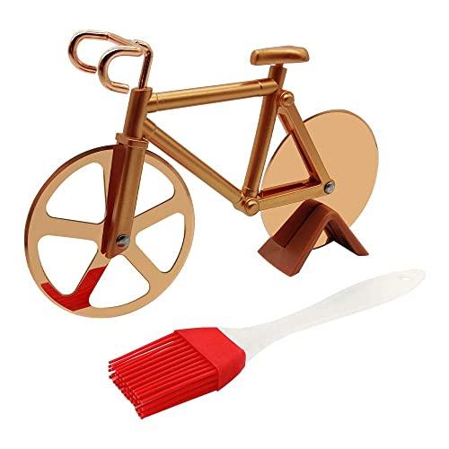 Bicycle Pizza Cutter Wheel, Supuca Stainless Steel Bike Pizza Slicer with BBQ Brush and Stand, Non-Stick Dual Cutting Wheels - Cool Kitchen Gadget Gift