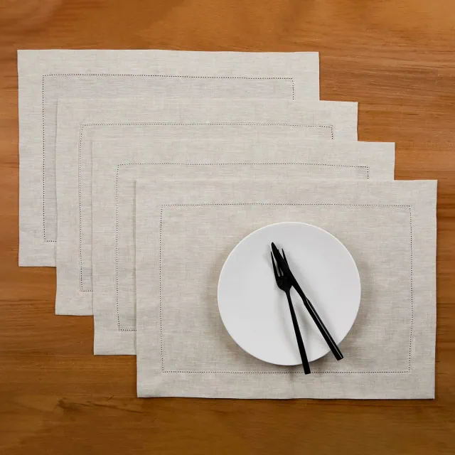 Solino Home Linen Classic Hemstitch Placemats Light Natural Set of 4, 14 x 19 Inches