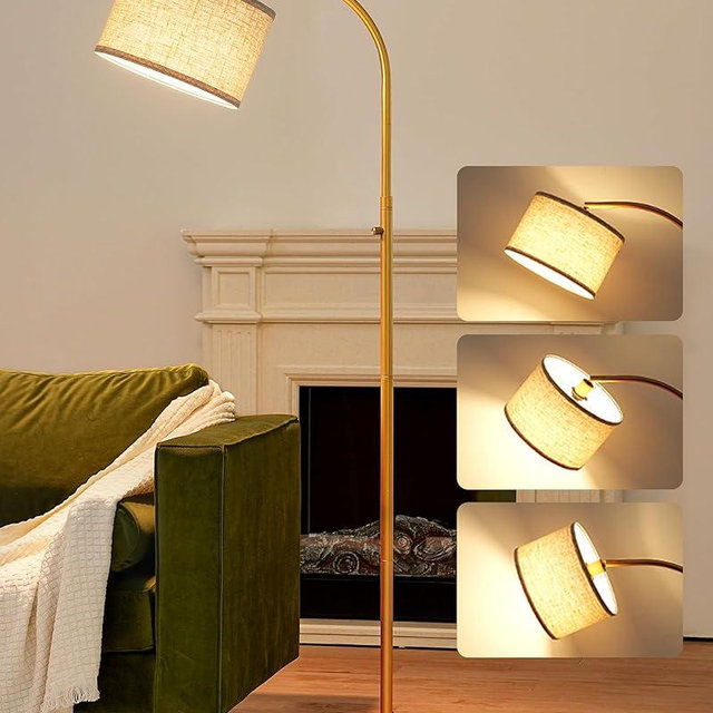 EDISHINE Dimmable Arched Floor Lamp, Modern Gold Standing Lamp with Adjustable Line Lampshade, Rotary Switch, Reading Lights for Living Room, Bedroom, Study Room, Office, LED Bulb Included