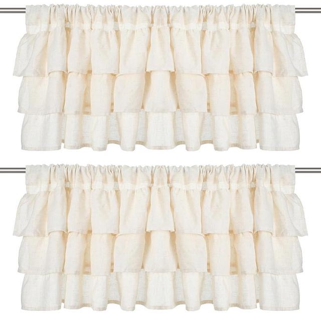 Batiyeer 2 Pcs Frilled Ruffled Curtain Valances Linen Window Kitchen Curtain Valance 50''W × 18''L Light Filtering Vintage Farmhouse Decor for Living Room Bedroom Bathroom Small Window Treatment